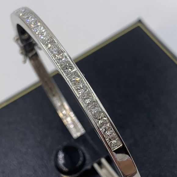 14K White Gold Princess Cut Diamond Bangle Bracelet - Picture 7 of 15